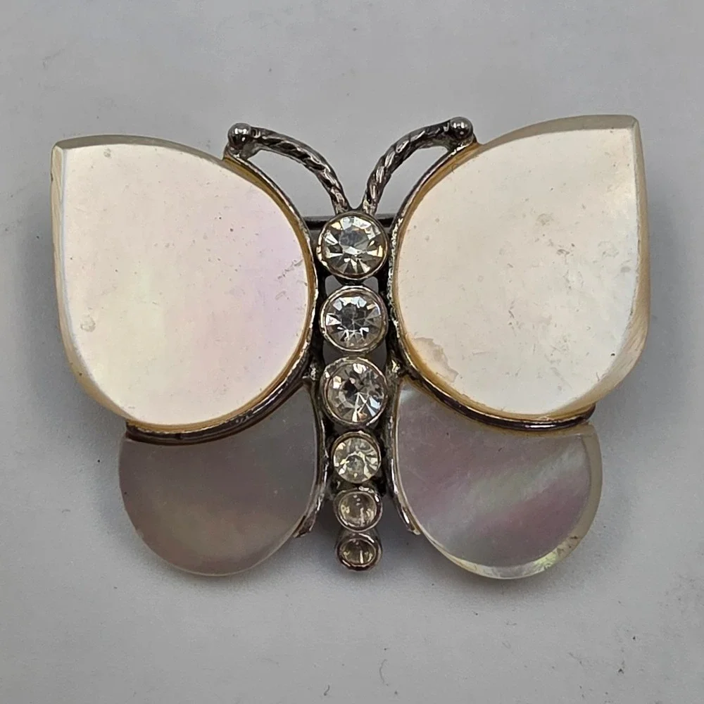 Monet Butterfly Brooch Mother of Pearl Rhinestone Silver Tone Vintage Pin